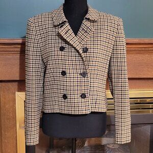 Vintage Wool Houndstooth Jones New York Tan Brown Cropped Blazer Size 12P